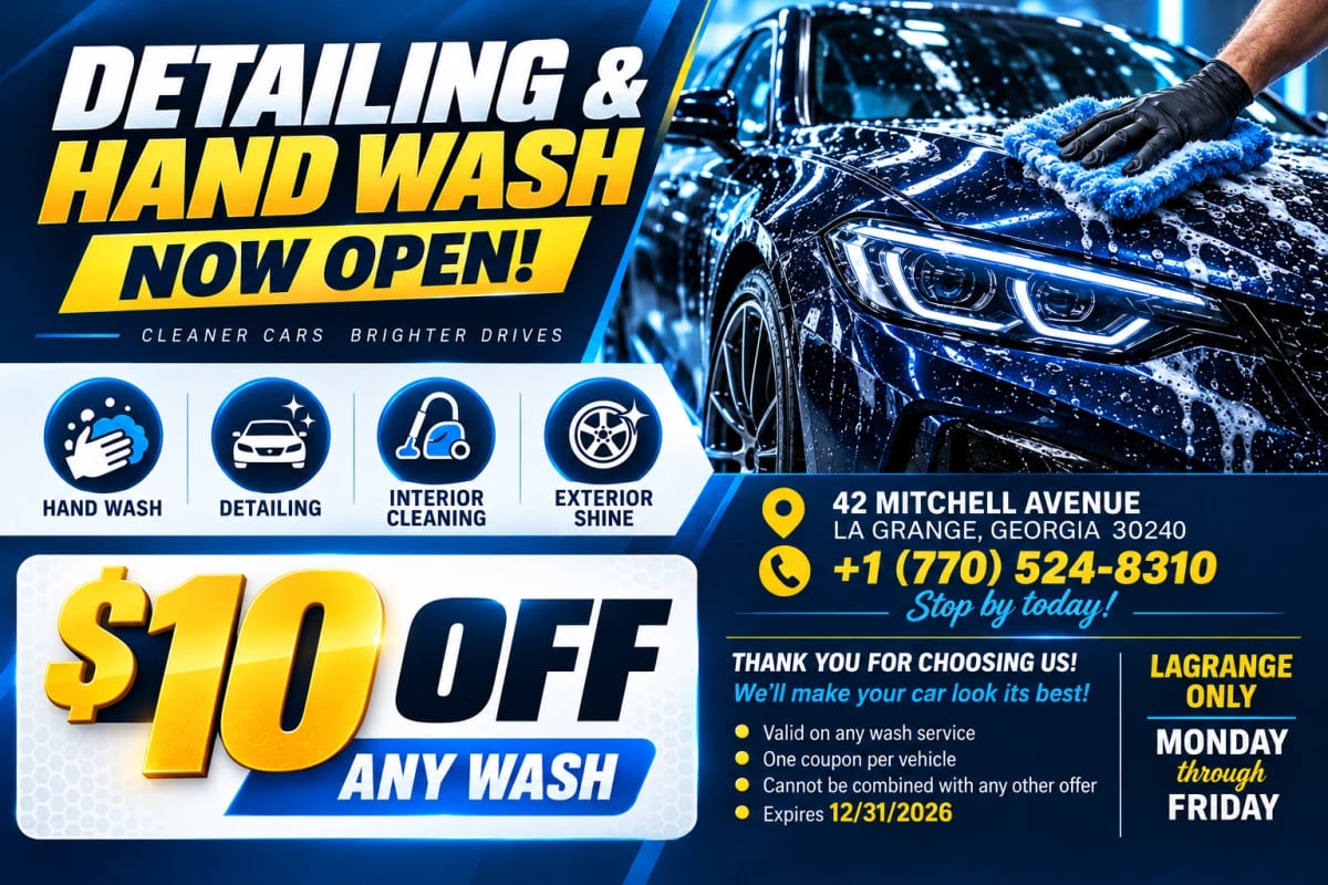 Mailed card for a LaGrange detailing and hand wash shop: $10 off any wash