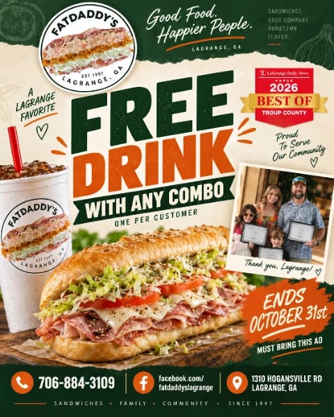 Mailed card for Fatdaddy's: free drink with any combo