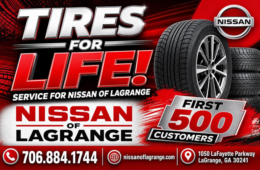 A LaGrange Spotlight postcard for Nissan of LaGrange offering Tires for Life to the first 500 service customers