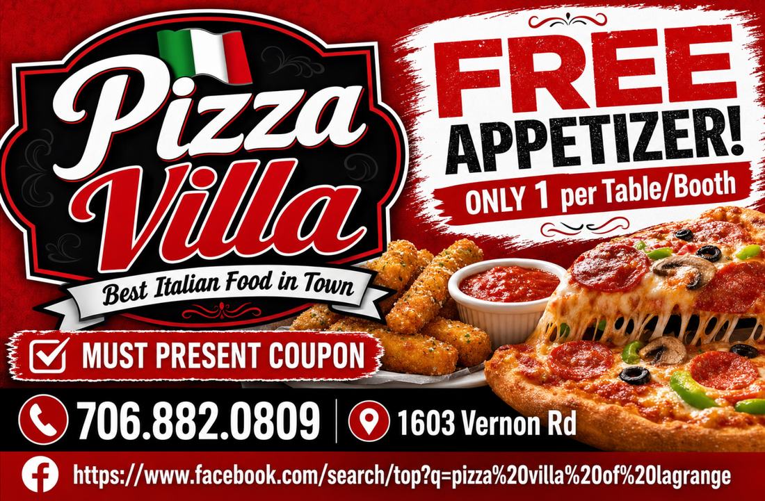 A LaGrange Spotlight postcard for Pizza Villa offering a free appetizer with a coupon