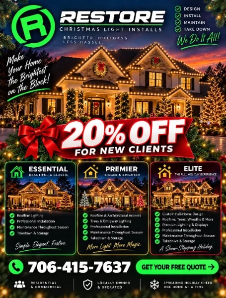 Mailed card for Restore Christmas Light Installs: 20% off for new clients