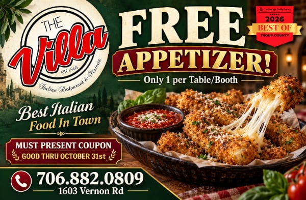 LaGrange Spotlight coupon for The Villa Italian restaurant: free appetizer, one per table