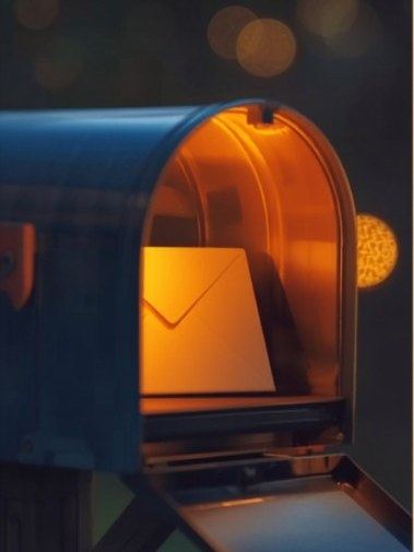 An open blue USPS mailbox at dusk with a glowing envelope inside