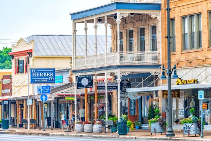 Historic storefronts lining a small-town main street